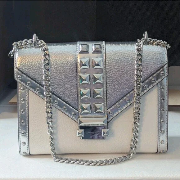 Michael Kors Studded Whitney Bag - Silver, White, Leather, Chain Strap, NWT - Picture 5 of 14